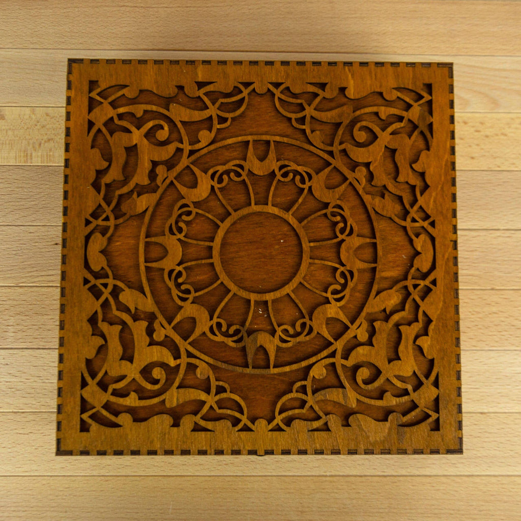 Engraved wooden box for embroidery bobbins