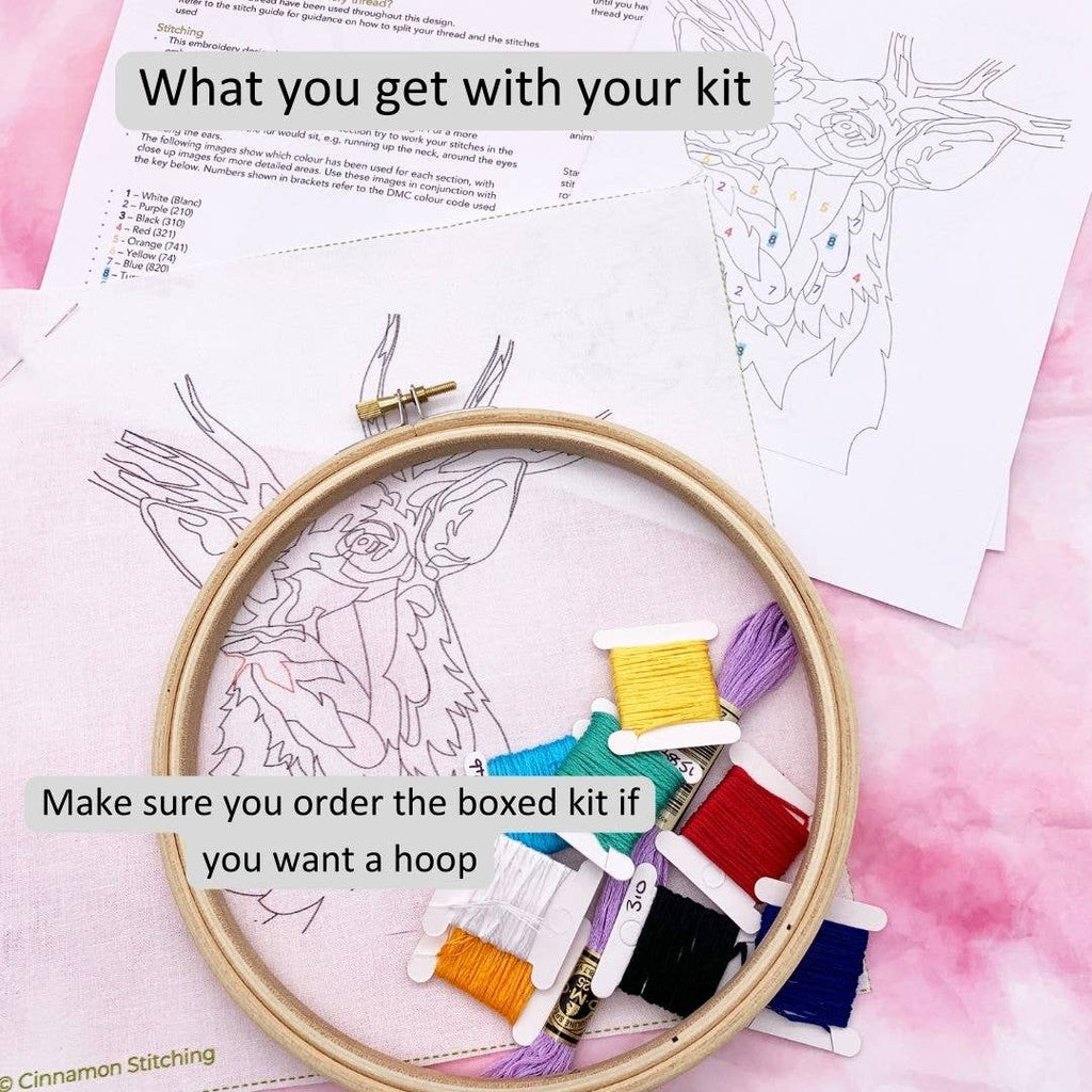 Stag's Head Embroidery Kit: Boxed kit with hoop
