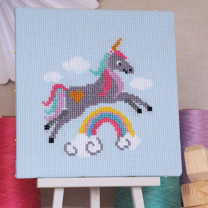 Sparkle Unicorn - Junior Cross Stitch Kit: Premium kit (with hoop and bag)