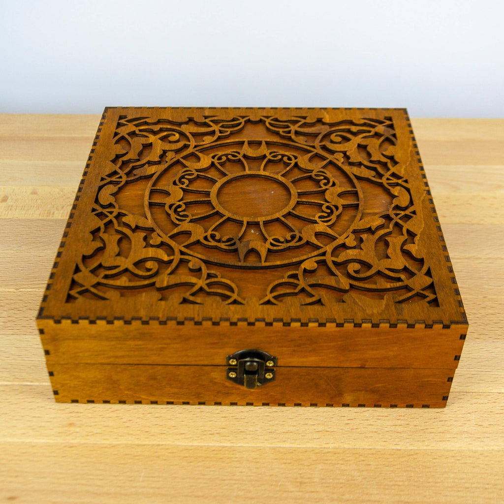 Engraved wooden box for embroidery bobbins