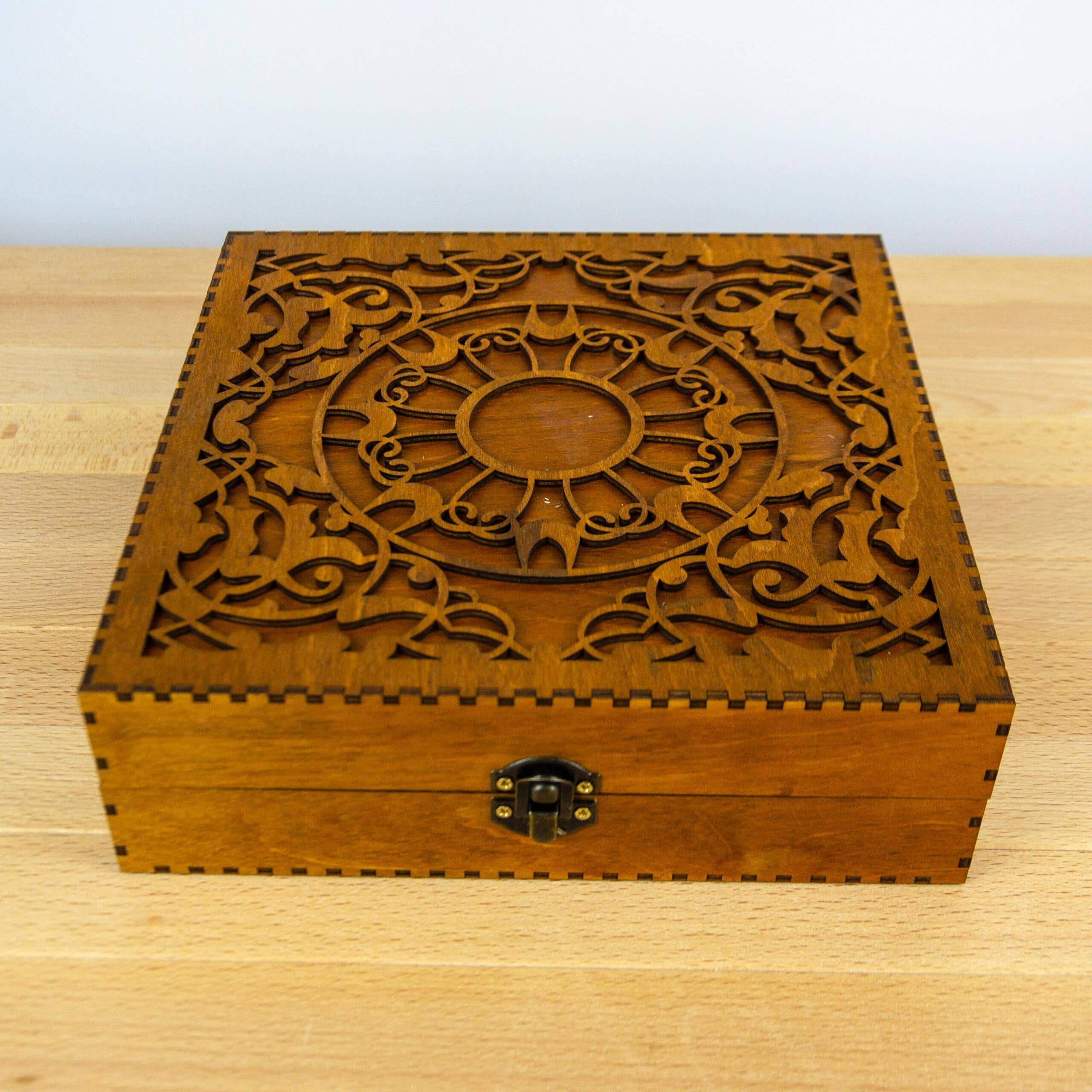 Engraved wooden box for embroidery bobbins