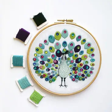Peacock Embroidery Kit (Boxed with Hoop) from Cinnamon Stitches