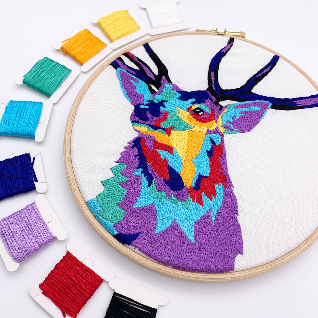 Stag's Head Embroidery Kit: Boxed kit with hoop